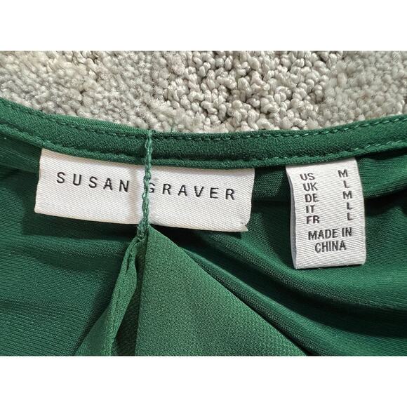 Susan Graver Top Medium Green Liquid Knit Chiffon Ribbon Bow Tie Neck Blouse - Picture 8 of 10